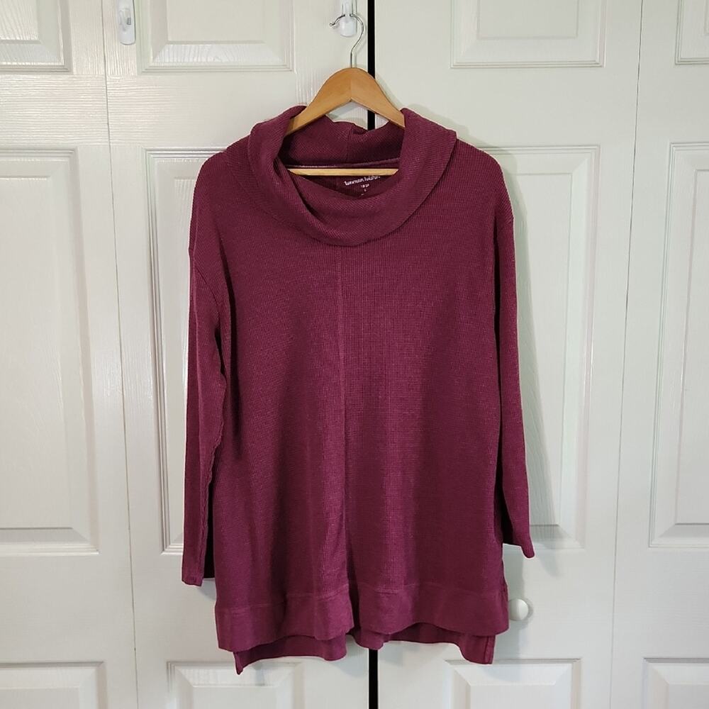 Woman Within Purple Waffle Knit Top Size LG Cowl Neck Side Slits Athleisure